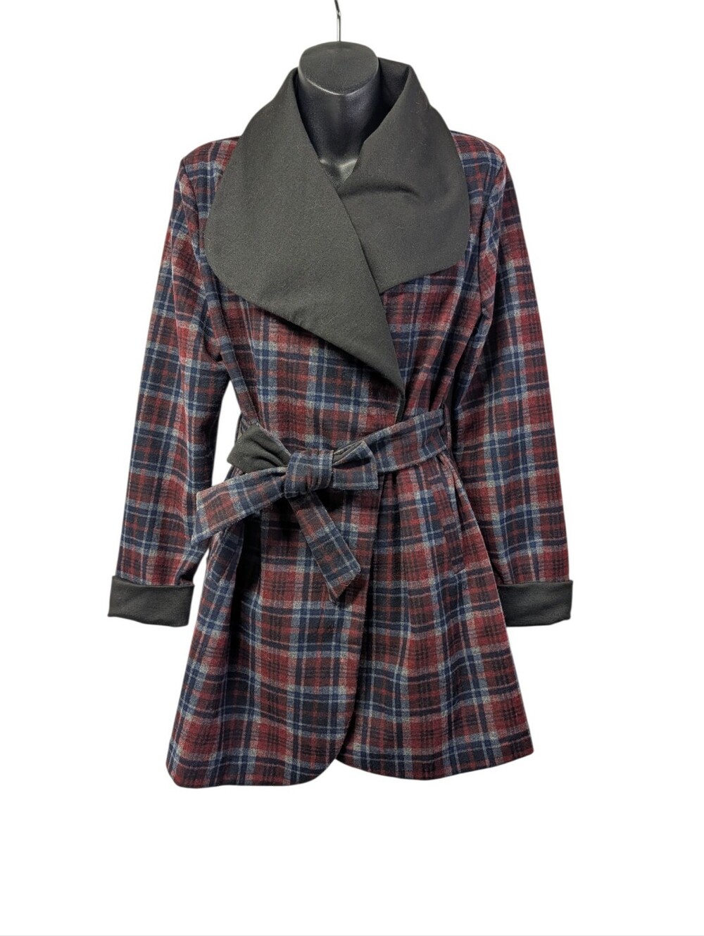 Chocolate USA Womens Plaid Belted Tie Jacket Large Collar Red/Blue/Black Size S